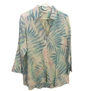 Vintage Linen Palm Leaf Resort Wear Button Down Tunic w/ Pockets Size Large EUC